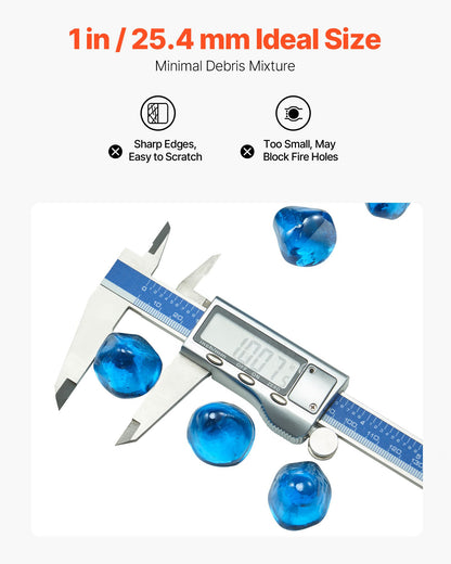 Fire Glass, 20 LBS / 9 KG High-Temperature Resistant Fireplace Rocks, 1 Inch / 25.4 mm Reflective Firepit Glass Diamond Beads, High Luster Stone Landscaping for Fire Pit Table, Caribbean Blue