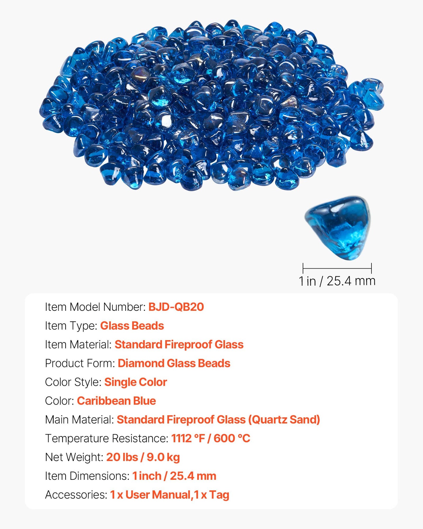 Fire Glass, 20 LBS / 9 KG High-Temperature Resistant Fireplace Rocks, 1 Inch / 25.4 mm Reflective Firepit Glass Diamond Beads, High Luster Stone Landscaping for Fire Pit Table, Caribbean Blue