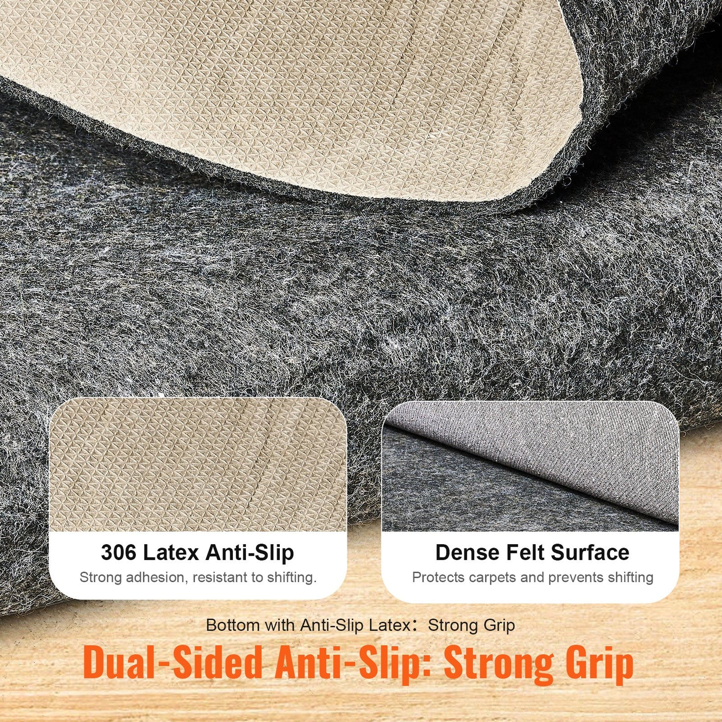 Slip-Resistant Rug Pad, Protective Cushioning Carpet Pad, 2'x8' (7.87' Actual) - 1/4"Thick - Dual Surface - Polyester Felt + Latex, 1-2㎡ Area Carpet Padding Rug Cushion Safe for All Floors, Grey