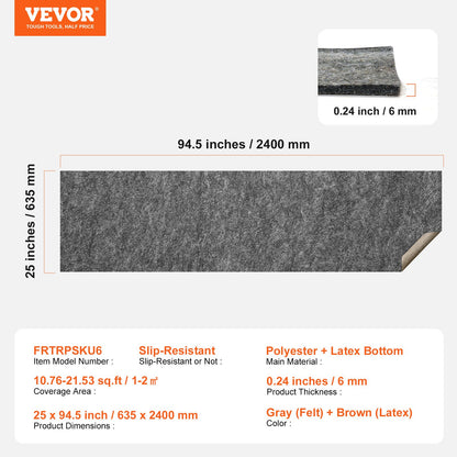 Slip-Resistant Rug Pad, Protective Cushioning Carpet Pad, 2'x8' (7.87' Actual) - 1/4"Thick - Dual Surface - Polyester Felt + Latex, 1-2㎡ Area Carpet Padding Rug Cushion Safe for All Floors, Grey