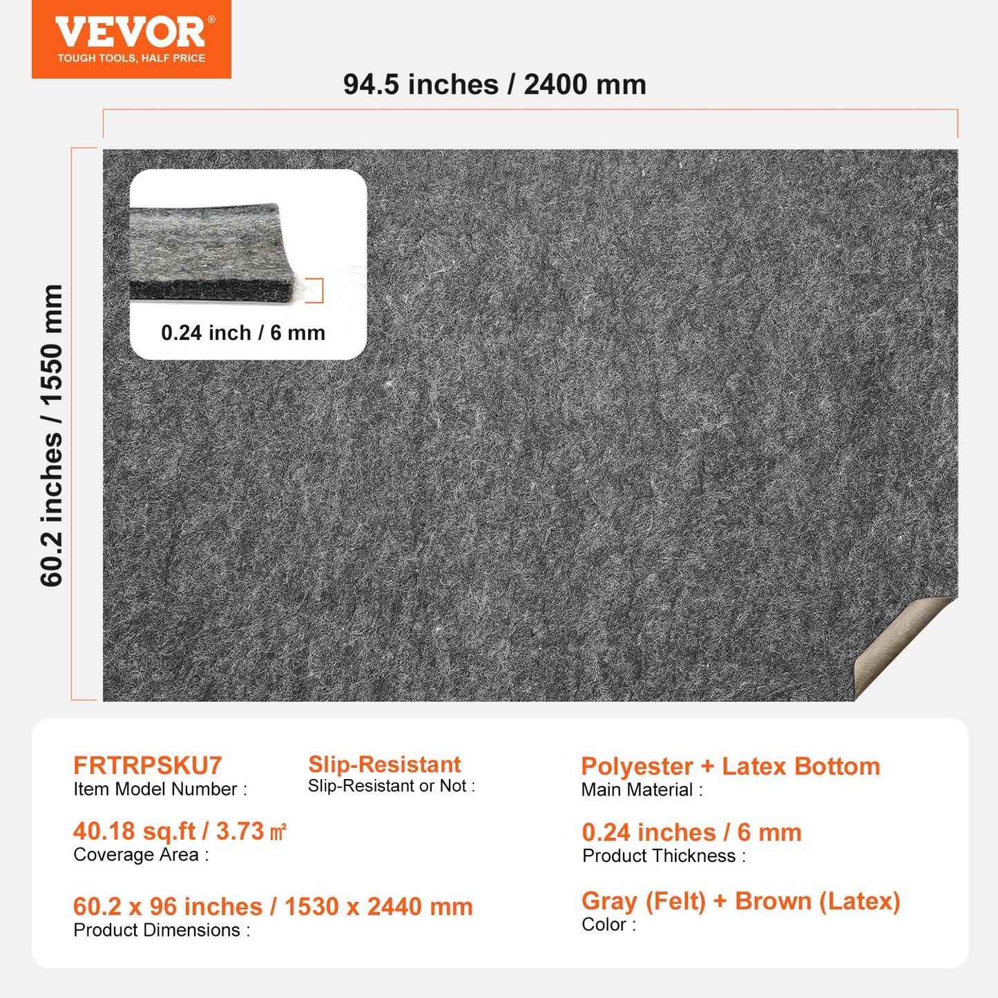 - Slip-Resistant Rug Pad - Protective Cushioning Carpet Pad - 5' x 8' - 1/4"Thick - Dual Surface - Polyester Felt + Latex - Gray - 3-4㎡ Area Carpet Padding Rug Cushion Safe for All Floors