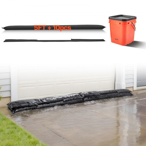 Flood Barrier, 10 Pack, 5 x 0.7 ft Flood Bags with Bucket, Reusable Water Absorbent Barrier Activated by Water, Sandless Sandbags Blockage, Flooding Prevention Bags for Basement, Garage, Doorway