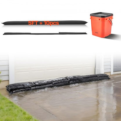 Flood Barrier, 10 Pack, 5 x 0.7 ft Flood Bags with Bucket, Reusable Water Absorbent Barrier Activated by Water, Sandless Sandbags Blockage, Flooding Prevention Bags for Basement, Garage, Doorway