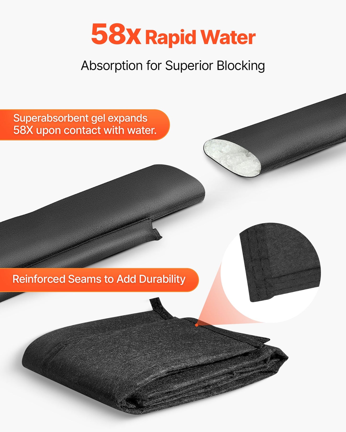 Flood Barrier, 10 Pack, 5 x 0.7 ft Flood Bags with Bucket, Reusable Water Absorbent Barrier Activated by Water, Sandless Sandbags Blockage, Flooding Prevention Bags for Basement, Garage, Doorway