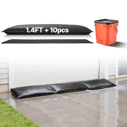Flood Barrier, 10 Pack, 1.4 x 2.7 ft Flood Bags with Bucket, Reusable Water Absorbent Barrier Activated by Water, Sandless Sandbags Blockage, Flooding Prevention Bags for Door, Basement, Garage