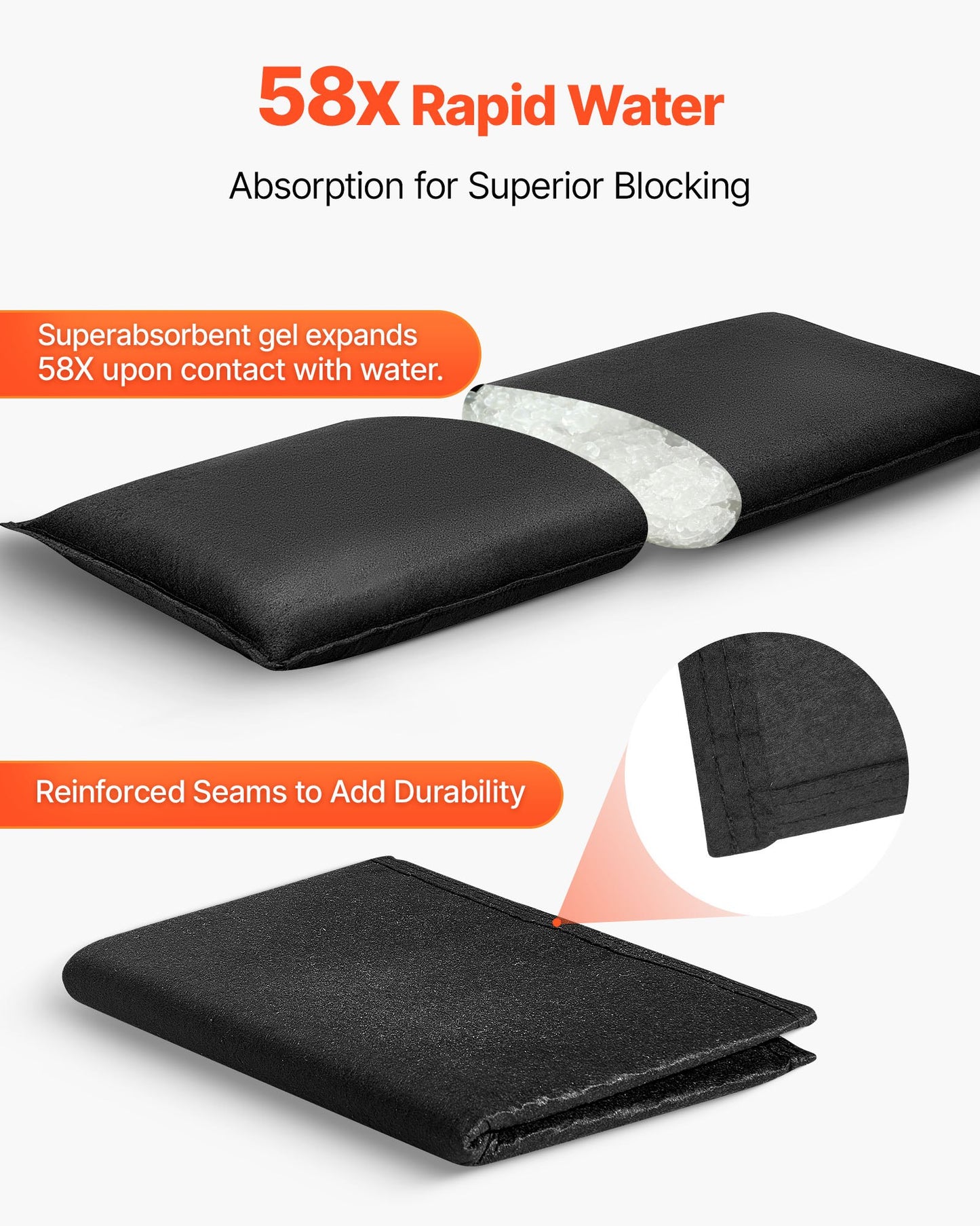 Flood Barrier, 10 Pack, 1.4 x 2.7 ft Flood Bags with Bucket, Reusable Water Absorbent Barrier Activated by Water, Sandless Sandbags Blockage, Flooding Prevention Bags for Door, Basement, Garage