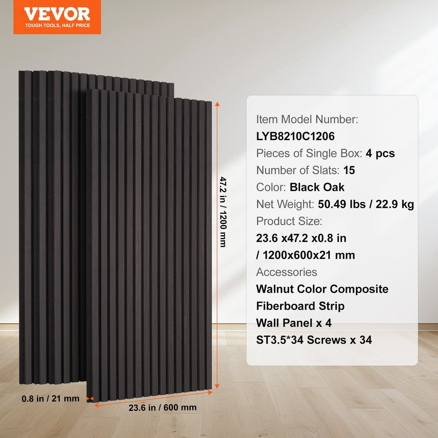 Wood Slat Acoustic Panels, 23.6 x 47.2 inch, MDF Accent Wooden Wall Panels for Modern Interior Wall Decor, Faux Wood Wall Board Panels for Noise Reduction, Black Oak