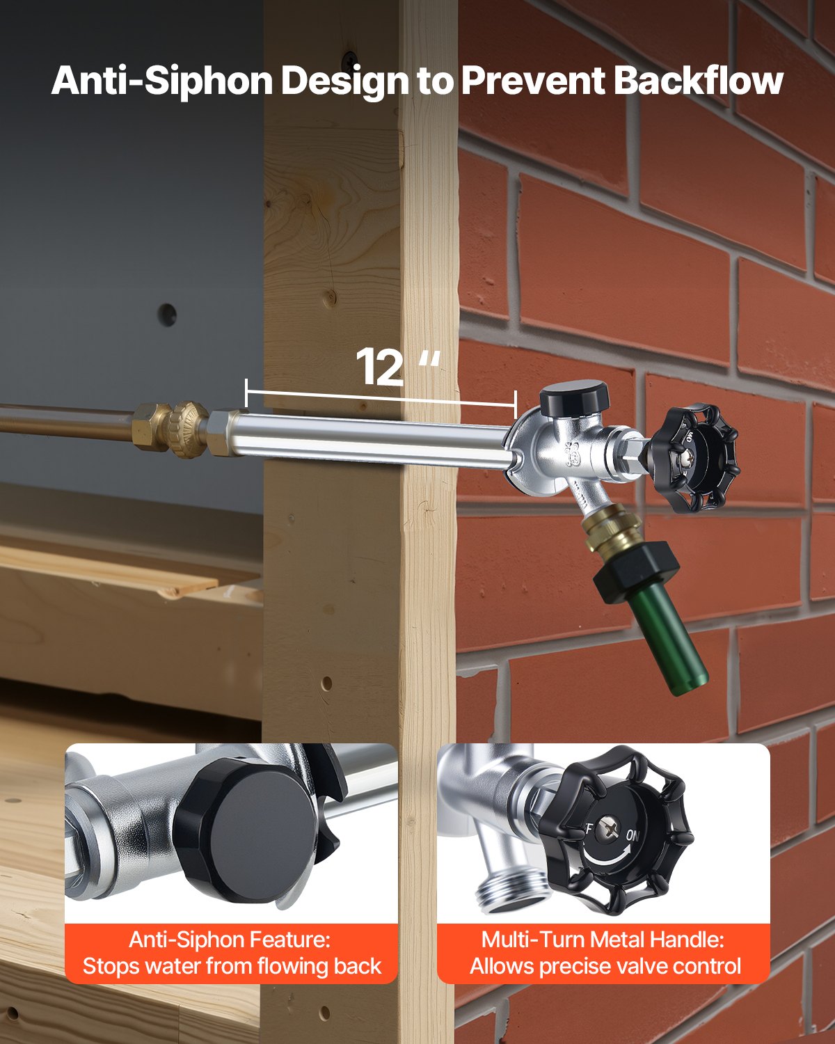 12-Inch Frost-Free Sillcock, 1/2" PTC x 3/4" MHT Hose Bibb, Anti-Siphon Lead-Free Brass Valve, Push-to-Connect Brass Plumbing Fitting, Compatible with PEX, Copper, CPVC Pipes