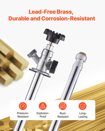 12-Inch Frost-Free Sillcock, 1/2" PTC x 3/4" MHT Hose Bibb, Anti-Siphon Lead-Free Brass Valve, Push-to-Connect Brass Plumbing Fitting, Compatible with PEX, Copper, CPVC Pipes