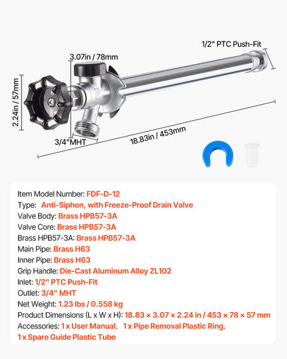 12-Inch Frost-Free Sillcock, 1/2" PTC x 3/4" MHT Hose Bibb, Anti-Siphon Lead-Free Brass Valve, Push-to-Connect Brass Plumbing Fitting, Compatible with PEX, Copper, CPVC Pipes