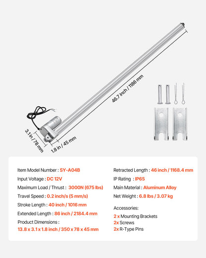 12V Linear Actuator, 40 Inch IP65 Waterproof Linear Actuator, 675lbs/3000N 0.2"/s Motion Actuators with Mounting Bracket for Outdoor Use