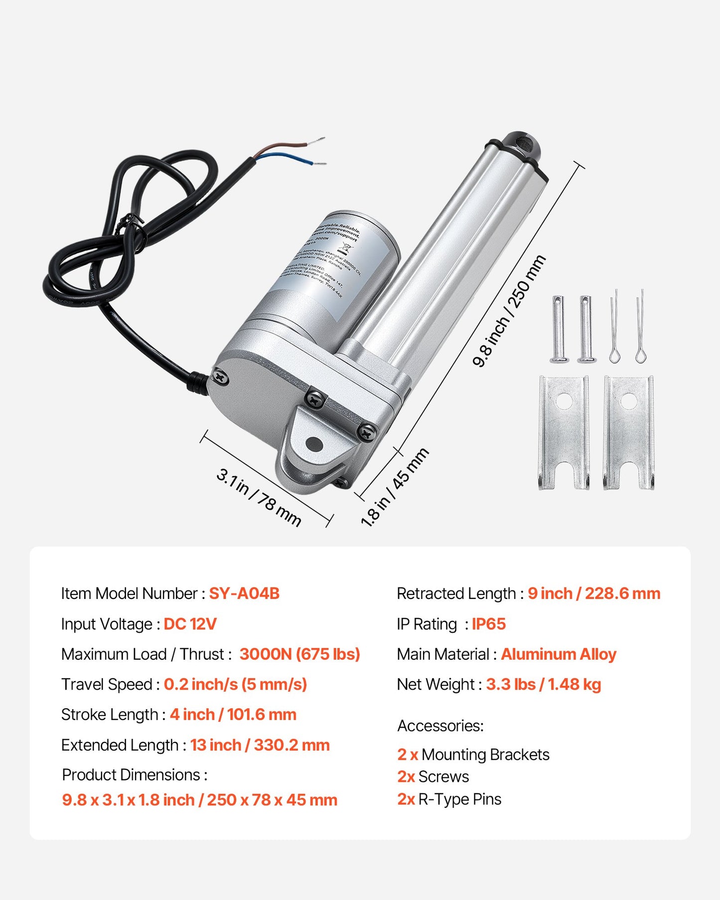 12V Linear Actuator, 4 Inch IP65 Waterproof Linear Actuator, 675lbs/3000N 0.2"/s Motion Actuators with Mounting Brackets for Outdoor Use