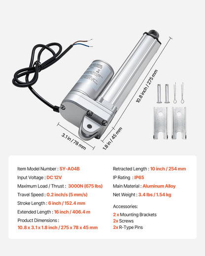 12V Linear Actuator, 6 Inch IP65 Waterproof Linear Actuator, 675lbs/3000N 0.2"/s Motion Actuators with Mounting Brackets for Outdoor Use