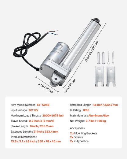 12V Linear Actuator, 8 Inch IP65 Waterproof Linear Actuator, 675lbs/3000N 0.2"/s Motion Actuators with Mounting Bracket for Outdoor Use