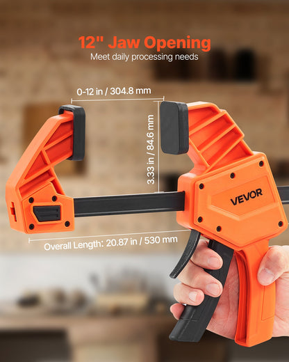 Bar Clamps for Woodworking, 2-Pack 12 inch One-Handed Clamp/Spreader, Quick-Grip F-Clamp with 340 lbs Load Limit, Premium Plastic and Carbon Steel, for Woodworking Metal working, Orange + Black
