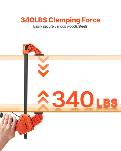 Bar Clamps for Woodworking, 2-Pack 12 inch One-Handed Clamp/Spreader, Quick-Grip F-Clamp with 340 lbs Load Limit, Premium Plastic and Carbon Steel, for Woodworking Metal working, Orange + Black