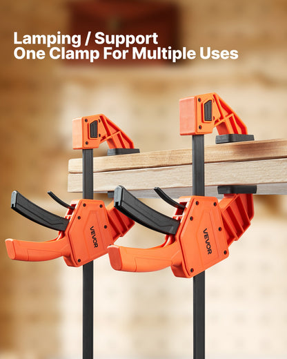 Bar Clamps for Woodworking, 2-Pack 12 inch One-Handed Clamp/Spreader, Quick-Grip F-Clamp with 340 lbs Load Limit, Premium Plastic and Carbon Steel, for Woodworking Metal working, Orange + Black