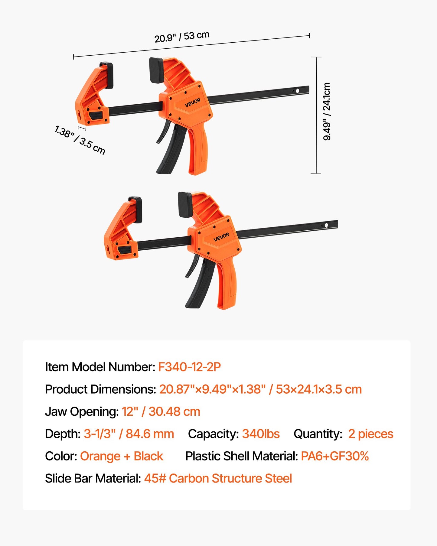 Bar Clamps for Woodworking, 2-Pack 12 inch One-Handed Clamp/Spreader, Quick-Grip F-Clamp with 340 lbs Load Limit, Premium Plastic and Carbon Steel, for Woodworking Metal working, Orange + Black