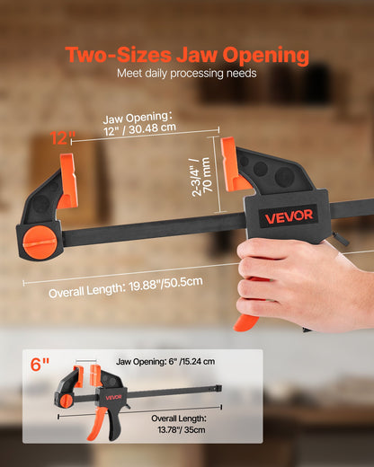Bar Clamps for Woodworking, 2-Pack 12 inch and 2-Pack 6 inch, One-Handed Clamp/Spreader, Quick-Grip F-Clamp with 154 lbs Load Limit, Premium Plastic and Steel, for Woodworking Metal working