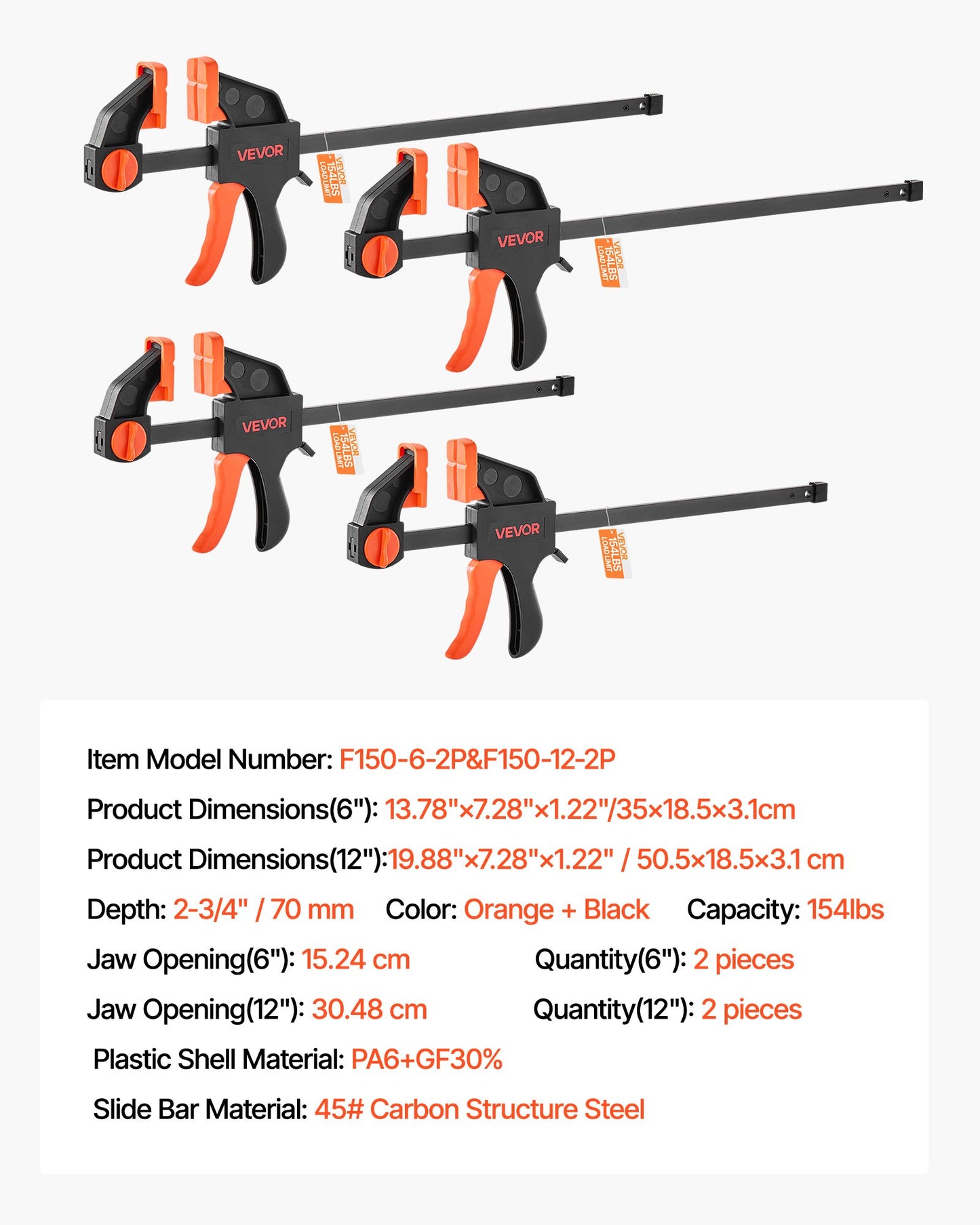 Bar Clamps for Woodworking, 2-Pack 12 inch and 2-Pack 6 inch, One-Handed Clamp/Spreader, Quick-Grip F-Clamp with 154 lbs Load Limit, Premium Plastic and Steel, for Woodworking Metal working