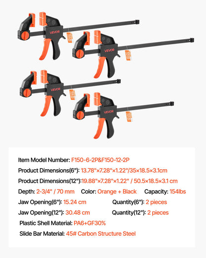 Bar Clamps for Woodworking, 2-Pack 12 inch and 2-Pack 6 inch, One-Handed Clamp/Spreader, Quick-Grip F-Clamp with 154 lbs Load Limit, Premium Plastic and Steel, for Woodworking Metal working