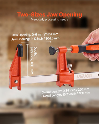 Bar Clamps for Woodworking, 2-Pack 6 inch and 2-Pack 12 inch, Lockable F-Clamp with 600 lbs Load Limit, 2-1/2 inch Depth, Cast Iron and Carbon Steel, Wood Clamps for Woodworking Metal Working