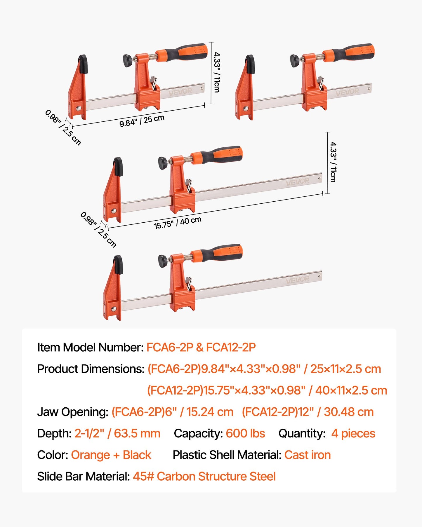Bar Clamps for Woodworking, 2-Pack 6 inch and 2-Pack 12 inch, Lockable F-Clamp with 600 lbs Load Limit, 2-1/2 inch Depth, Cast Iron and Carbon Steel, Wood Clamps for Woodworking Metal Working