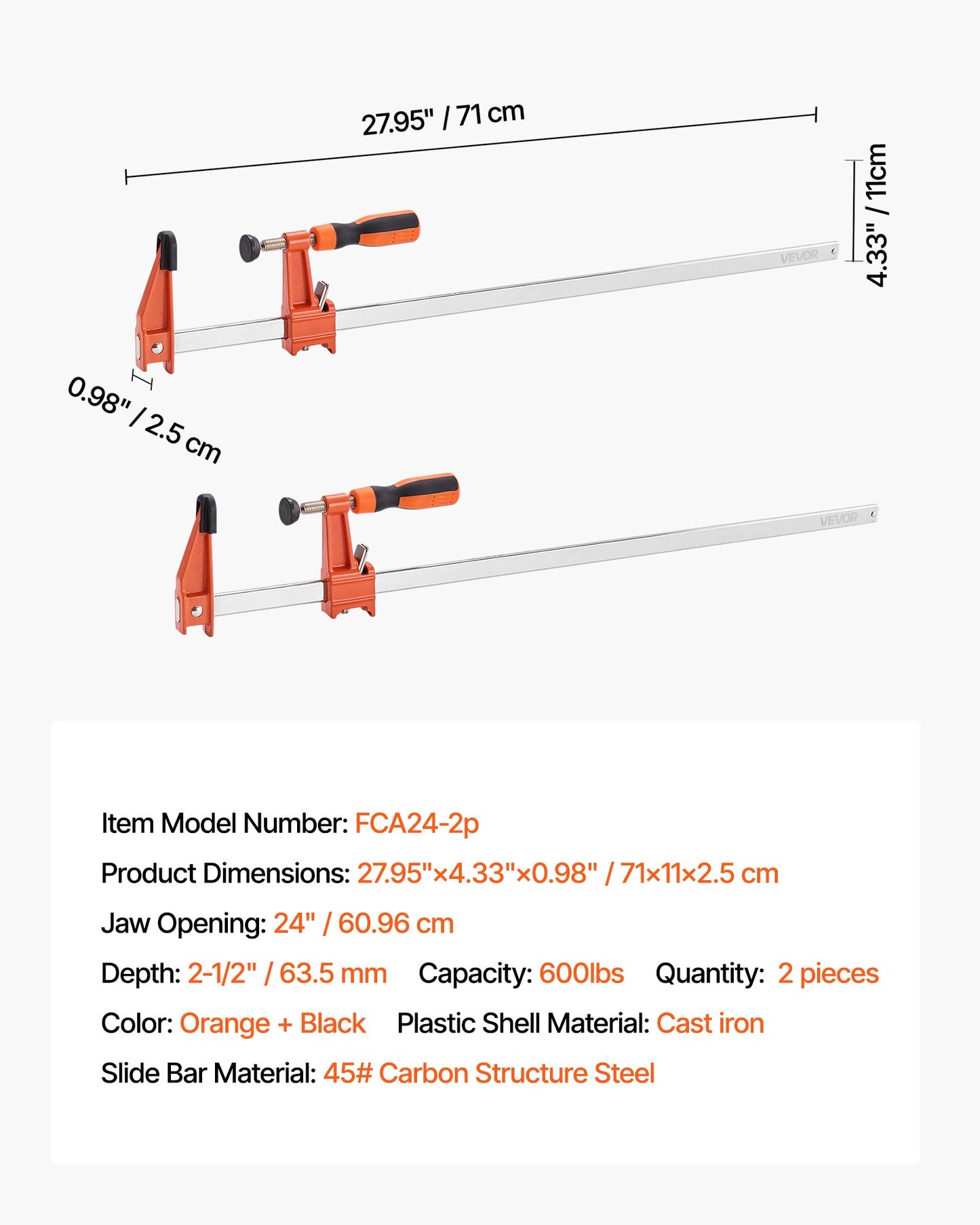 Bar Clamps for Woodworking, 2-Pack 24 inch Opening, Lockable F-Clamp with 600 lbs Load Limit, 2-1/2 inch Depth, Cast Iron and Carbon Steel, Easy to Use, Wood Clamps for Woodworking Metal Working