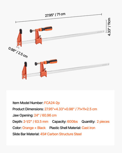 Bar Clamps for Woodworking, 2-Pack 24 inch Opening, Lockable F-Clamp with 600 lbs Load Limit, 2-1/2 inch Depth, Cast Iron and Carbon Steel, Easy to Use, Wood Clamps for Woodworking Metal Working