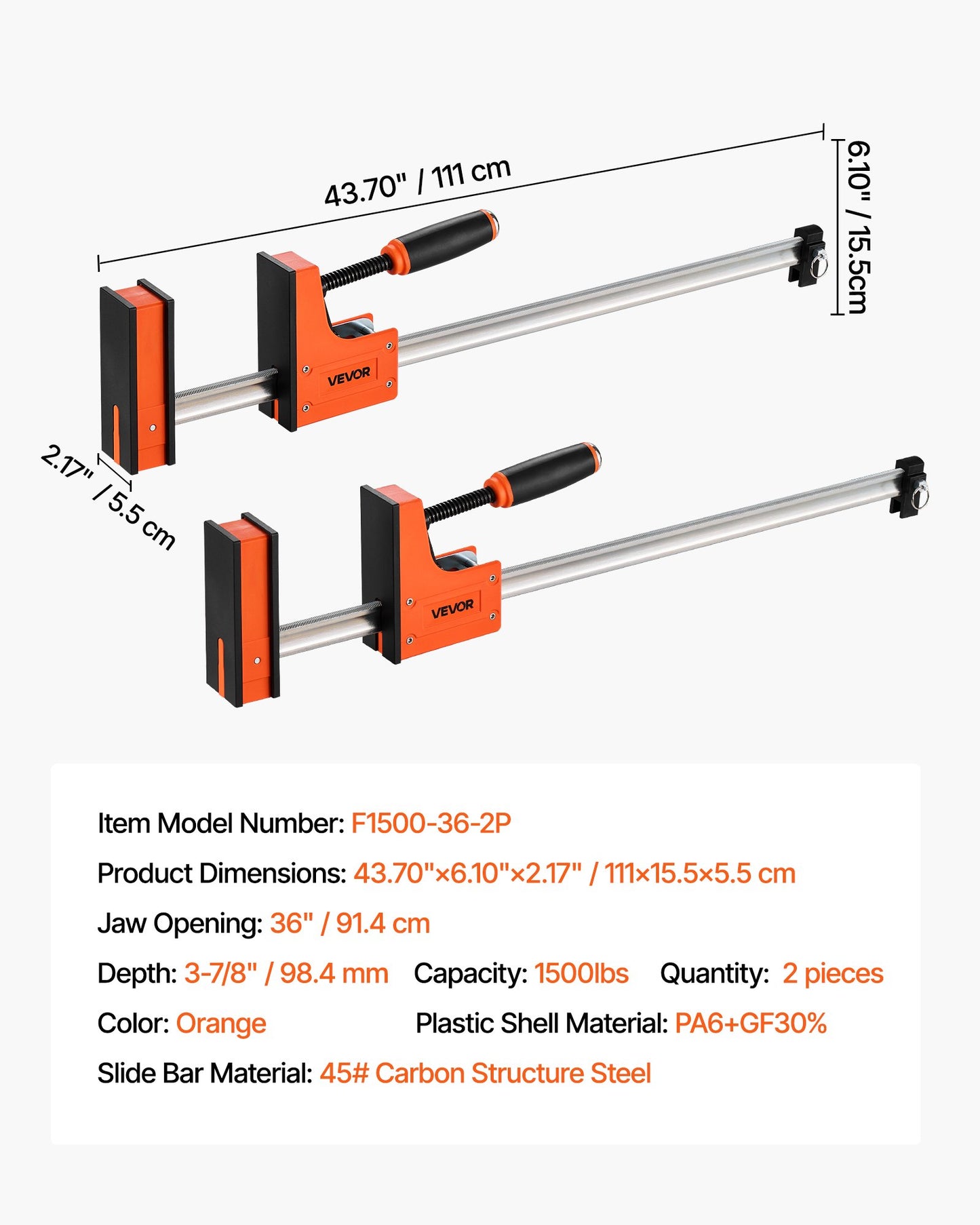 Bar Clamps for Woodworking, 2-Pack 36 inch Parallel Clamp Set, F-Clamp with 1500 lbs Load Limit, Even Pressure, High-strength Plastic and Carbon Steel, for Woodworking Metal Working, Orange