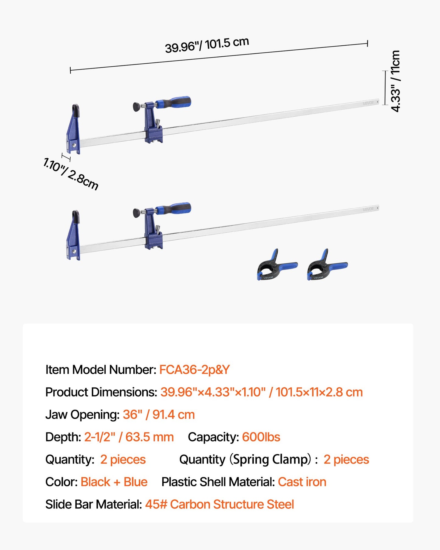 Bar Clamps for Woodworking, 2-Pack 36 inch Opening, Lockable F-Clamp with 600 lbs Load Limit, 2-1/2 inch Depth, Cast Iron and Carbon Steel, Easy to Use, Wood Clamps for Woodworking Metal Working