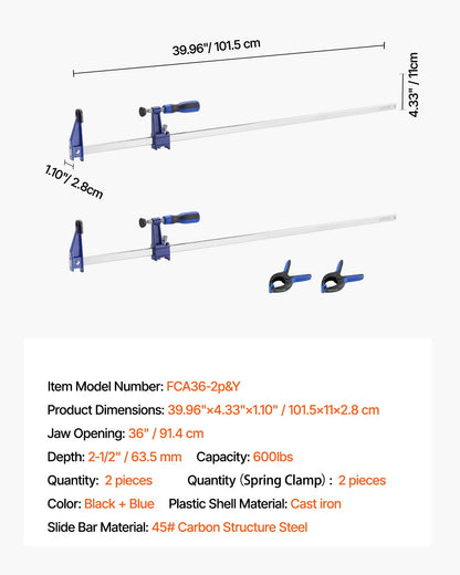 Bar Clamps for Woodworking, 2-Pack 36 inch Opening, Lockable F-Clamp with 600 lbs Load Limit, 2-1/2 inch Depth, Cast Iron and Carbon Steel, Easy to Use, Wood Clamps for Woodworking Metal Working
