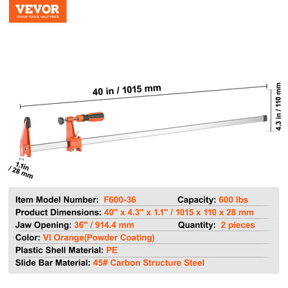 Stangenklemmen für die Holzbearbeitung, 2er-Pack, 91,4 cm Klemme/Spreizer, Schnellwechselklemme, F-Klemme mit 272,4 kg Belastungsgrenze, 6,3 cm Halstiefe, Gusseisen und Kohlenstoffstahl, Holzklemmen für die Holz- und Metallbearbeitung