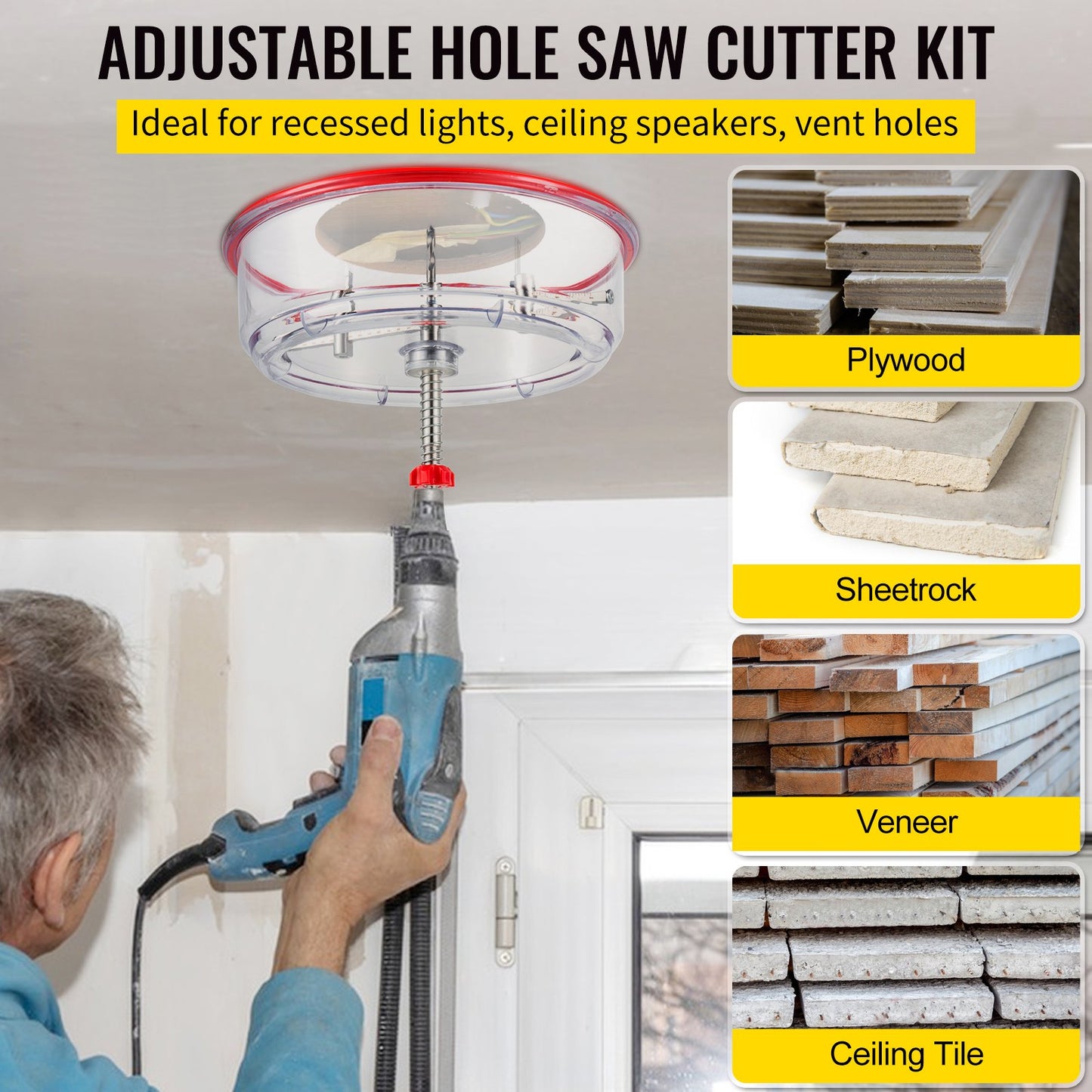 Adjustable Hole Saw Cutter Set, 1-5/8" to 11-13/16" (40-300 mm), Recessed Hole Saw with PC Dust Cover, Two Replaceable Pilot Drills, for Recessed Lights, Ceiling Speakers, Ventilation Holes