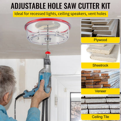 Adjustable Hole Saw Cutter Set, 1-5/8" to 11-13/16" (40-300 mm), Recessed Hole Saw with PC Dust Cover, Two Replaceable Pilot Drills, for Recessed Lights, Ceiling Speakers, Ventilation Holes