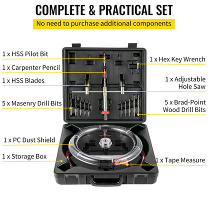 Adjustable Hole Saw Cutter Kit, 1-5/8\" to 11-13 /16\" (40-300 mm), Recessed Hole Saw with PC Dust Shield, Two Replaceable Pilot Drill Bits, for Recessed Lights, Ceiling Speakers, Vent Holes