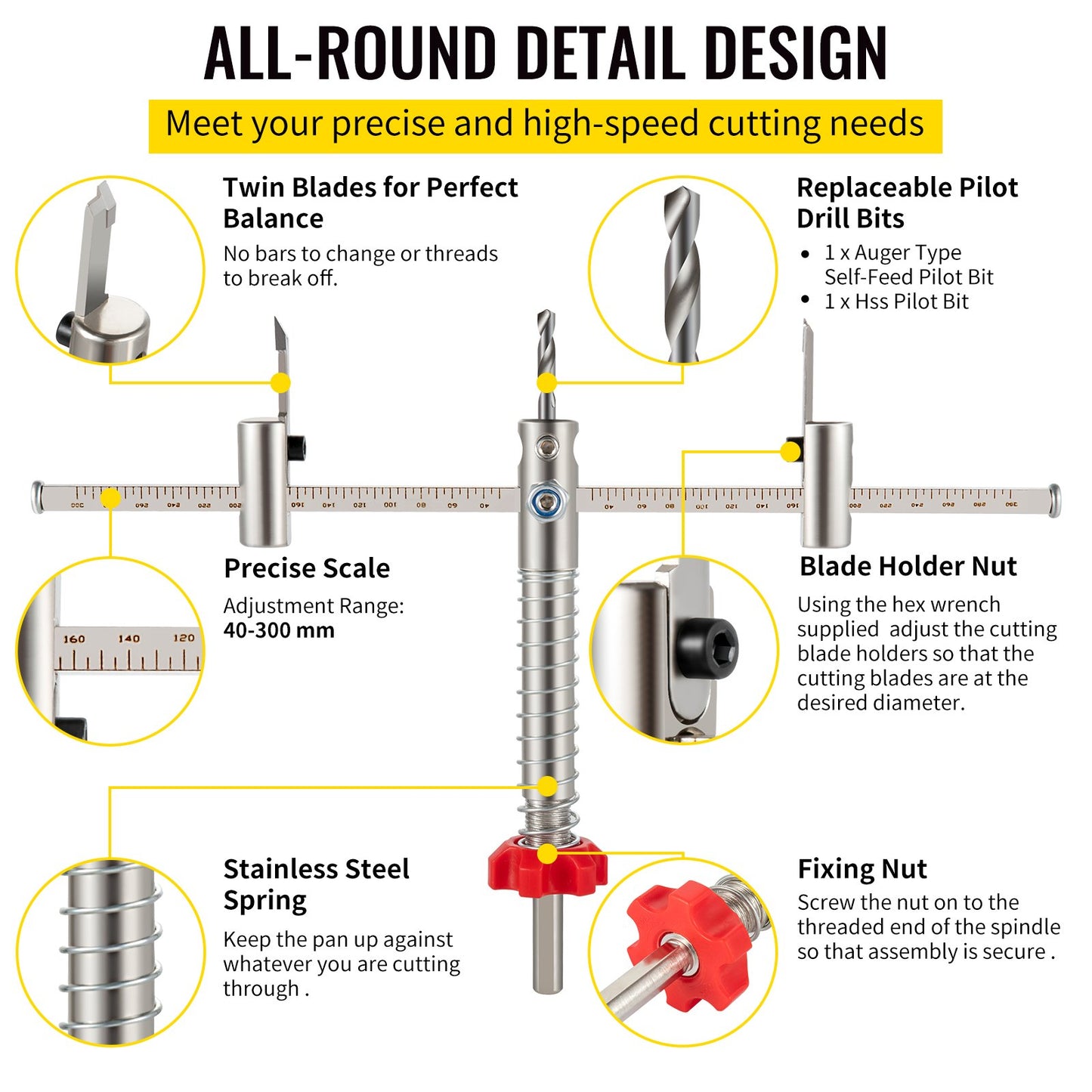 Adjustable Hole Saw Cutter Kit, 1-5/8\" to 11-13 /16\" (40-300 mm), Recessed Hole Saw with PC Dust Shield, Two Replaceable Pilot Drill Bits, for Recessed Lights, Ceiling Speakers, Vent Holes