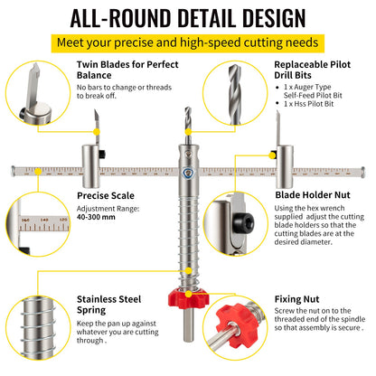 Adjustable Hole Saw Cutter Kit, 1-5/8\" to 11-13 /16\" (40-300 mm), Recessed Hole Saw with PC Dust Shield, Two Replaceable Pilot Drill Bits, for Recessed Lights, Ceiling Speakers, Vent Holes