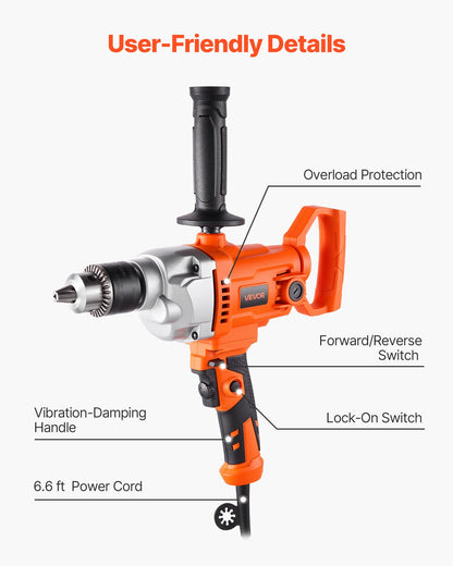 Drill Mixer, 1/2 inch Corded Electric Drill Mixer Set, 0-850RPM 5.4A Mixing Drills, Mixing Drills Machine with D-Handle for Drilling & Blending, Handheld Cement Mixers for Fodder, Paint, Cement