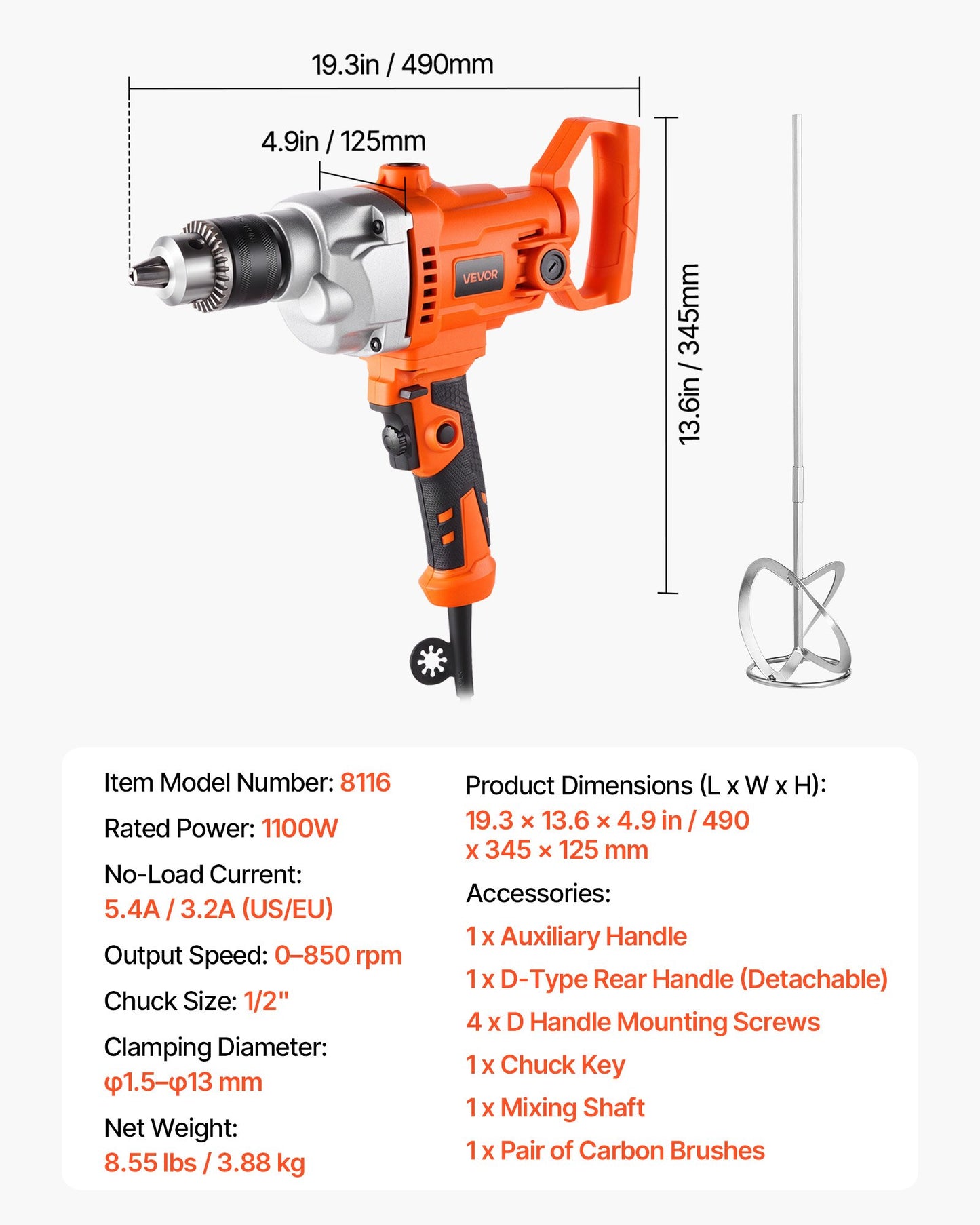 Drill Mixer, 1/2 inch Corded Electric Drill Mixer Set, 0-850RPM 5.4A Mixing Drills, Mixing Drills Machine with D-Handle for Drilling & Blending, Handheld Cement Mixers for Fodder, Paint, Cement