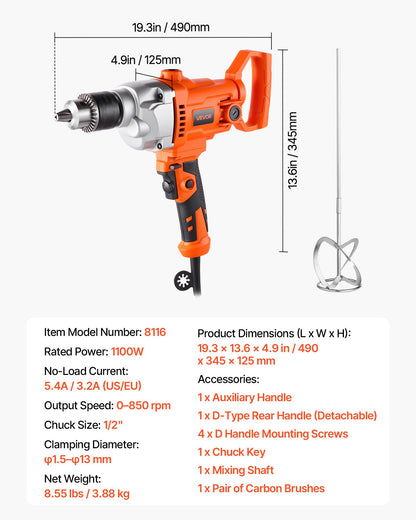 Drill Mixer, 5/8 inch Corded Electric Drill Mixer Set, 0-850RPM 5.8A Mixing Drills, Mixing Drills Machine with D-Handle for Drilling & Blending, Handheld Cement Mixers for Fodder, Paint, Cement