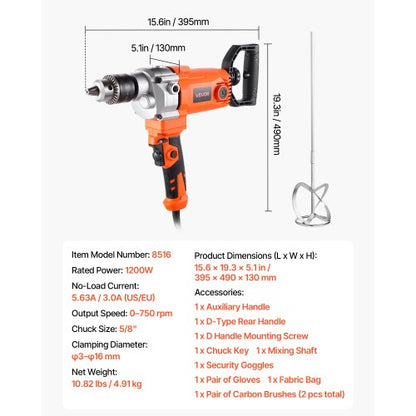 Borrblandare 1200W 0-750 RPM Sladdansluten elektrisk borrblandare Set Lerablandare Borrar |  EU
