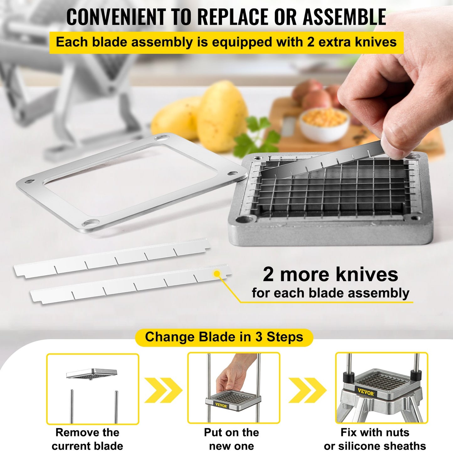 Replacement Chopper Blade, 1/2 inch, 3 PCS French Fry Blade Assembly with 6 Extra Knives, Stainless Steel Dicer Parts and Push Block for Cutting Potatoes Carrots Onions Cucumbers Mushrooms
