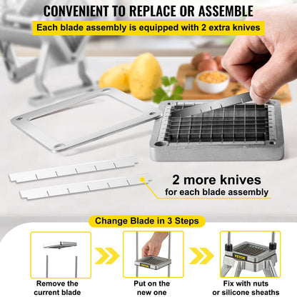 Replacement Chopper Blade, 1/2 inch, 3 PCS French Fry Blade Assembly with 6 Extra Knives, Stainless Steel Dicer Parts and Push Block for Cutting Potatoes Carrots Onions Cucumbers Mushrooms
