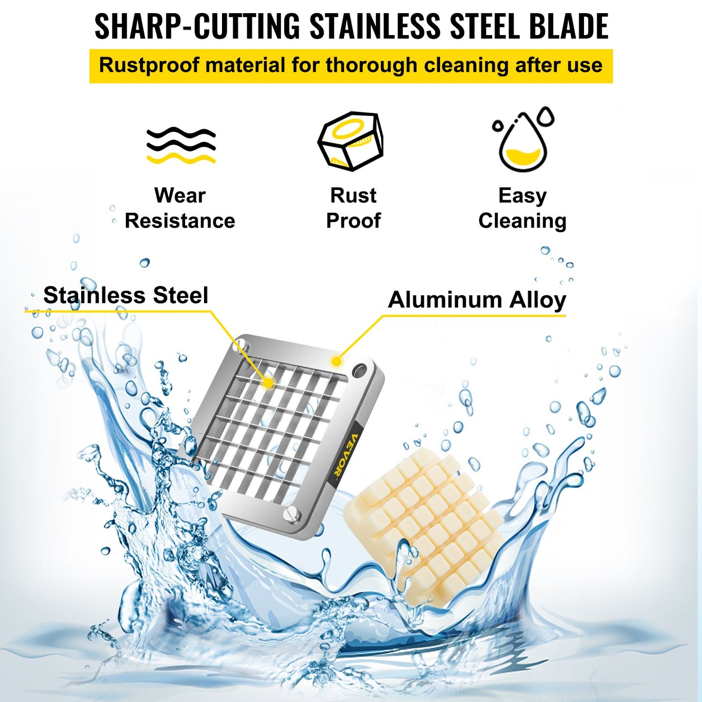 Replacement Chopper Blade, 1/2 inch, 3 PCS French Fry Blade Assembly with 6 Extra Knives, Stainless Steel Dicer Parts and Push Block for Cutting Potatoes Carrots Onions Cucumbers Mushrooms