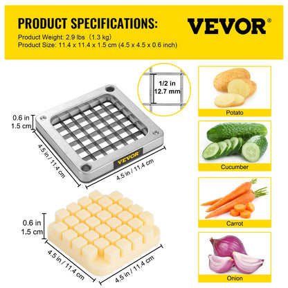 Replacement Chopper Blade, 1/2 inch, 3 PCS French Fry Blade Assembly with 6 Extra Knives, Stainless Steel Dicer Parts and Push Block for Cutting Potatoes Carrots Onions Cucumbers Mushrooms