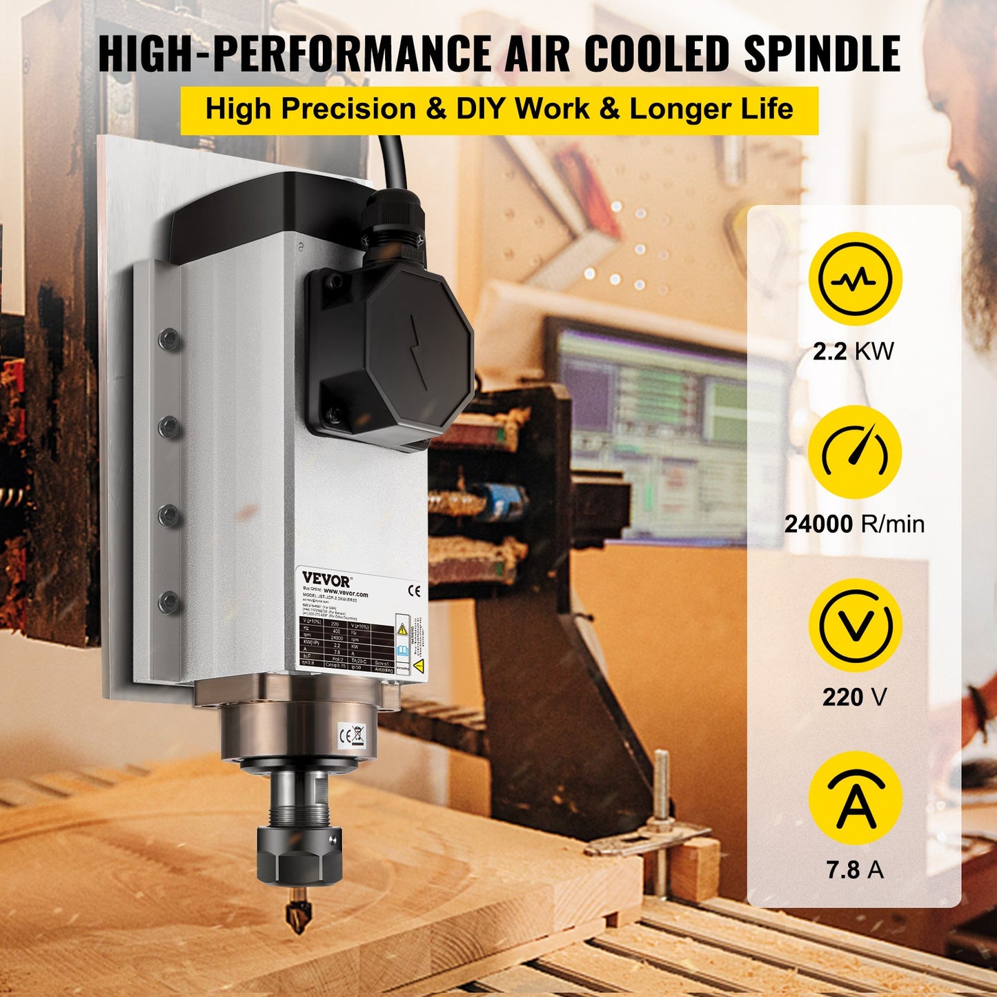 Air Cooled Spindle Motor 2.2KW CNC Spindle Motor 220V Square Air Cooled Spindle Motor ER20 Collet 24000 RPM CNC Spindle 6A Spindle Motor 400 Hz for CNC Router Engraving Milling Machine