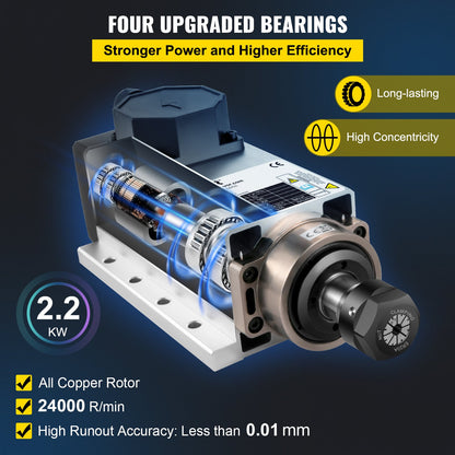 Air Cooled Spindle Motor 2.2KW CNC Spindle Motor 220V Square Air Cooled Spindle Motor ER20 Collet 24000 RPM CNC Spindle 6A Spindle Motor 400 Hz for CNC Router Engraving Milling Machine