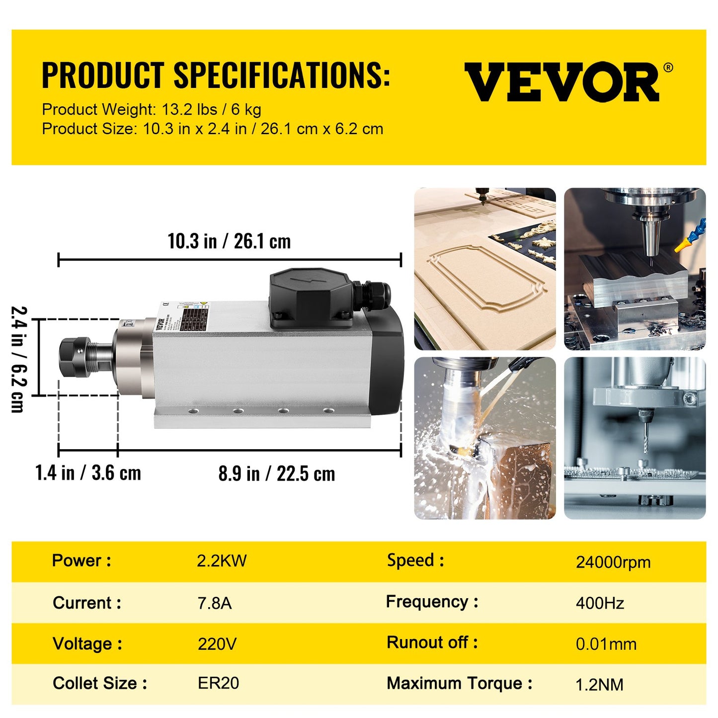 Air Cooled Spindle Motor 2.2KW CNC Spindle Motor 220V Square Air Cooled Spindle Motor ER20 Collet 24000 RPM CNC Spindle 6A Spindle Motor 400 Hz for CNC Router Engraving Milling Machine