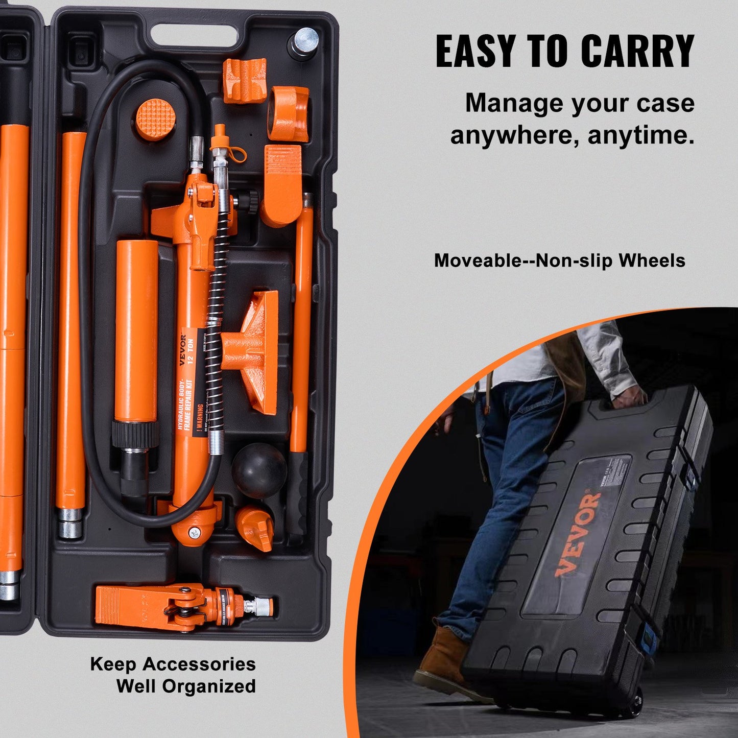 12 Ton Porta Power Kit, Hydraulic Ram with Pump with 4.6 ft/1.4 m Oil Hose, Portable Hydraulic Jack with Storage Case for Automotive, Garage, Farm, Mechanic (26455 LBS)